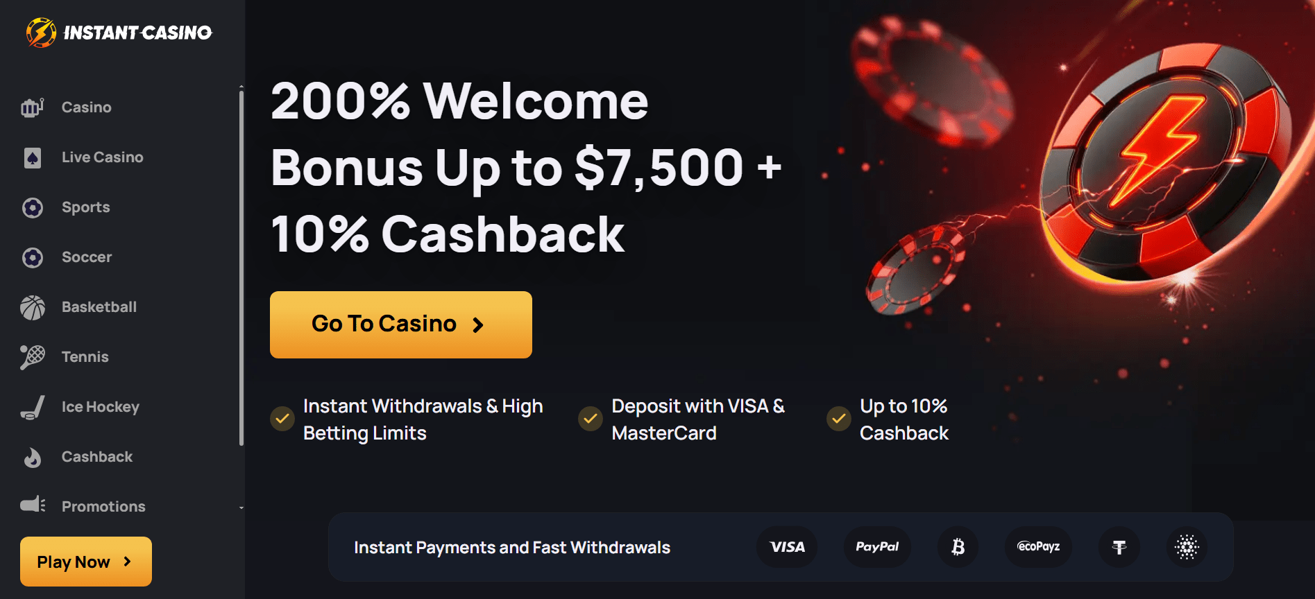 Screenshot showing Instant Casino online gaming homepage